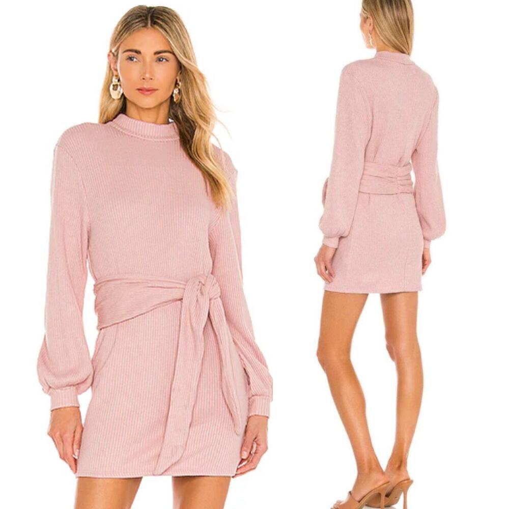 Majorelle Edwin Mini Sweater Dress Belted Long Balloon Sleeve Knit Light Pink S